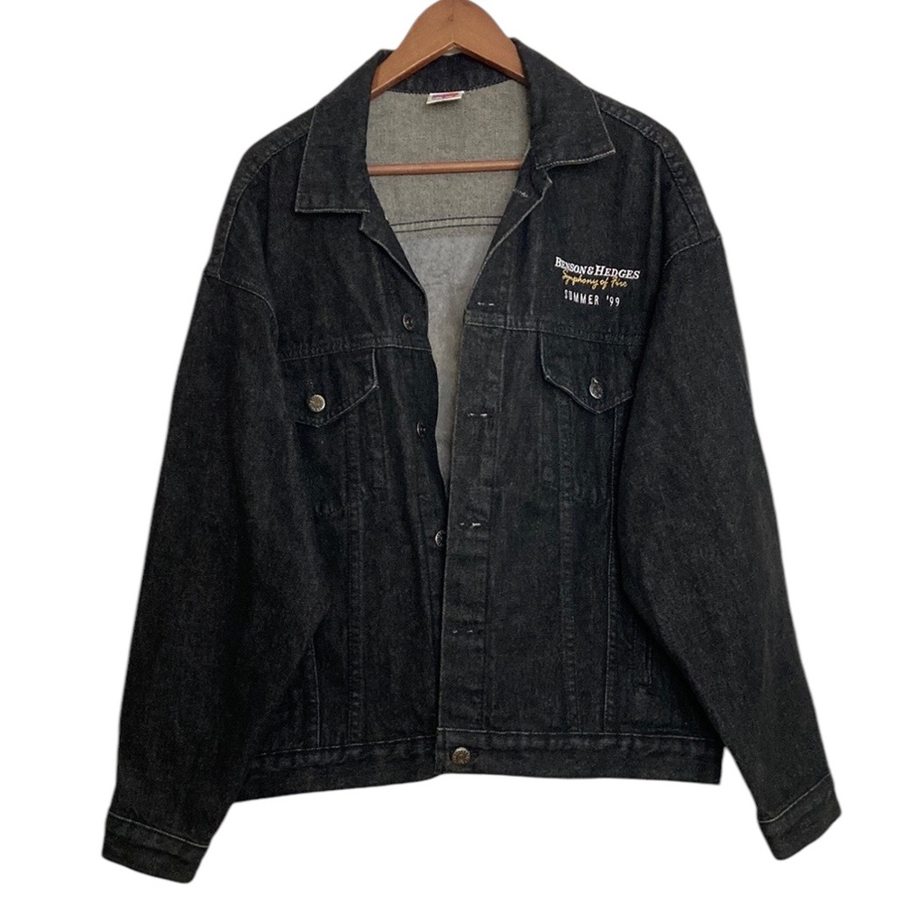 Vintage Jean Jacket Mens XL Black Embossed Denim 90s Trucker Symphony of Fire